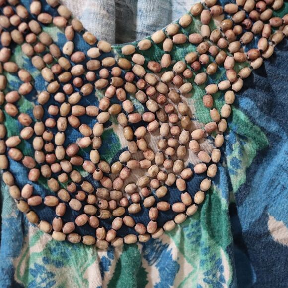 Sonoma Blue Ikat Print Wooden Beaded Neckline Tank Top Petite Large - Picture 4 of 10